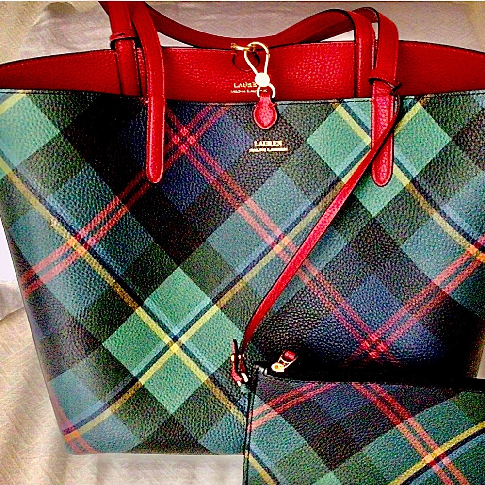 Lauren Red Plaid Tote with zipper pouch